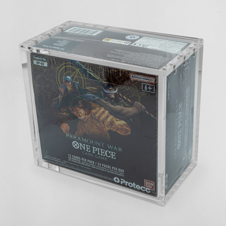 Acryl-Case für One Piece English Booster Box von Most Wanted Cards, transparente Acrylhülle zum Schutz der Spielkartons.
