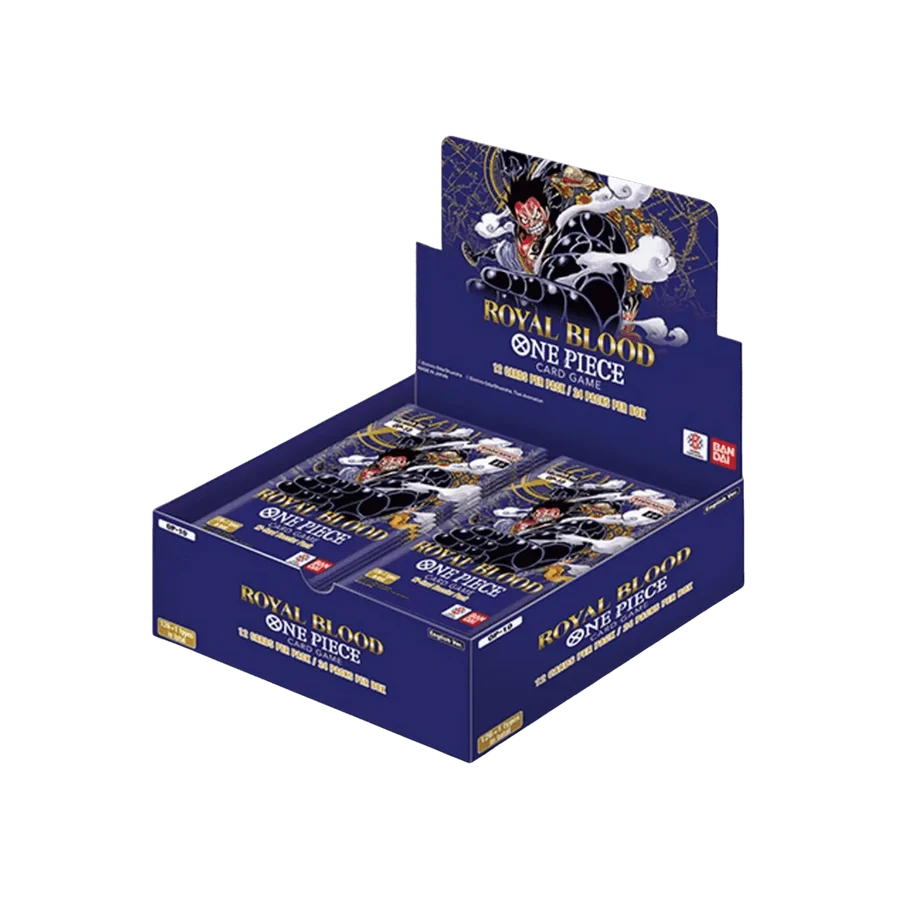 Bandai One Piece Royal Blood Booster Box mit Trading Card Spielkarten, abgebildet in der Verpackung.