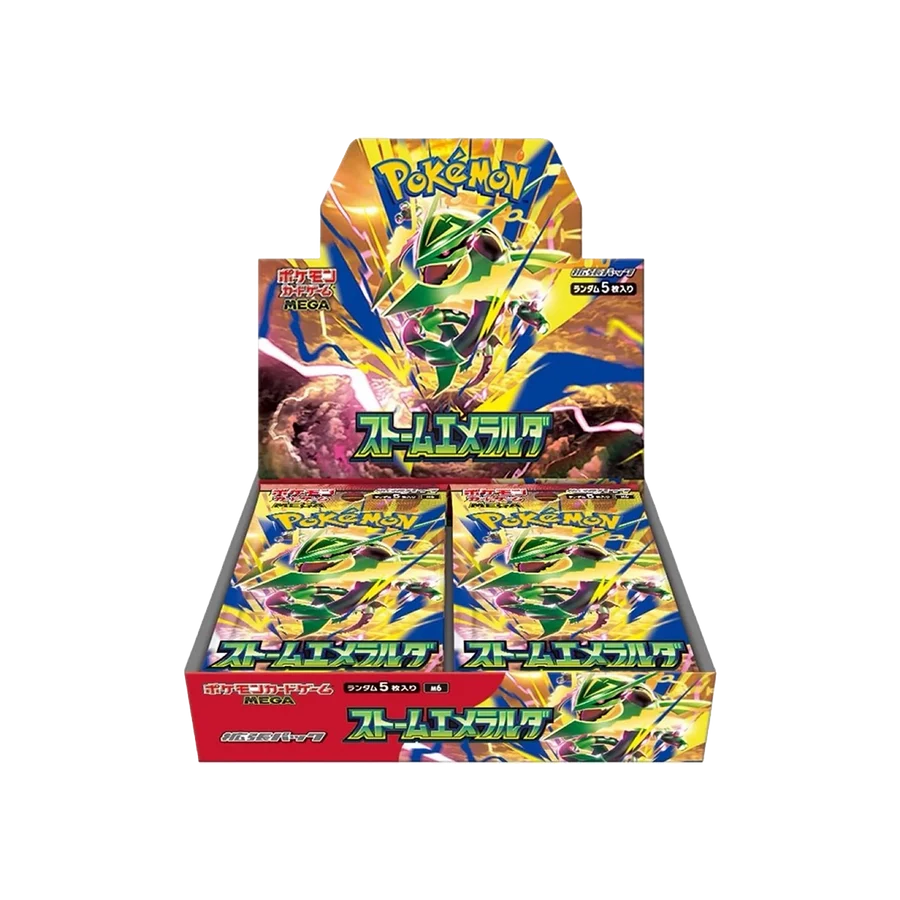 Pokémon TCG Storm Emeralda Booster-Box von The Pokémon Company mit aufgestellten Sammelkarten in einer offenen Verpackung