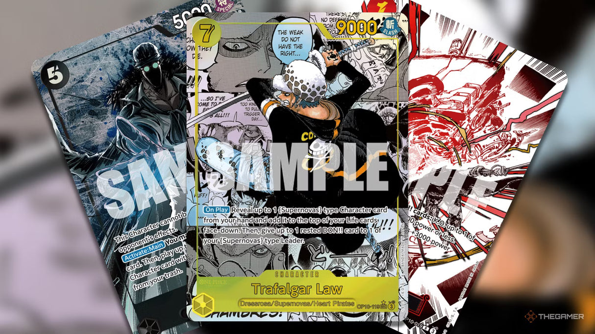 Trading Card from One Piece Royal Blood Booster Box, Bandai, zeigt Trafalgar Law, Manga-Kuzan und Szenen vom göttlichen Abschied.