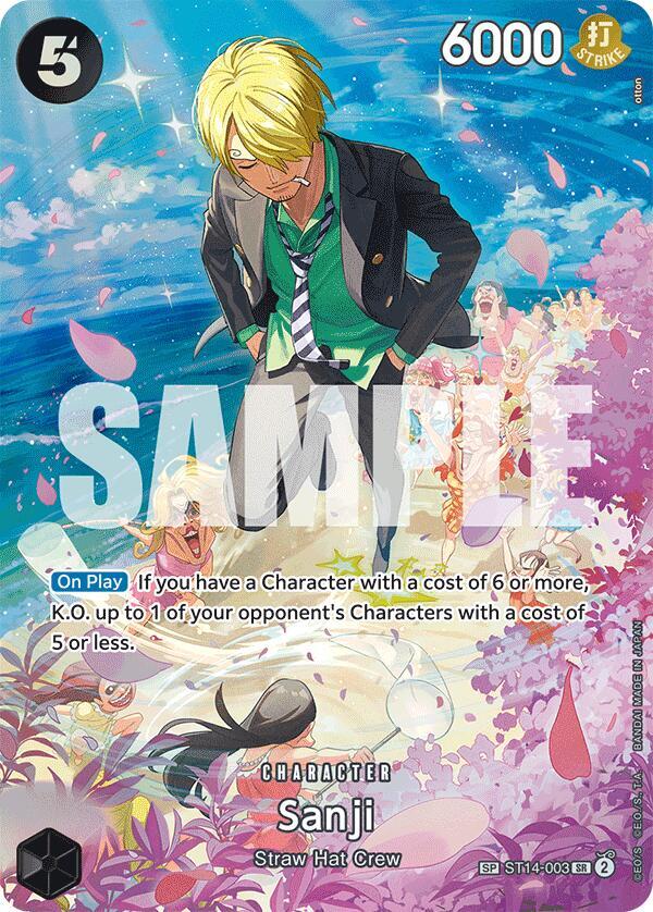 Bandai One Piece Royal Blood Booster Box Trading Card Game mit Sanji-Karte, geöffnet und sichtbar in der Verpackung