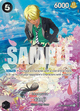 Bandai One Piece Royal Blood Booster Box Trading Card Game mit Sanji-Karte, geöffnet und sichtbar in der Verpackung