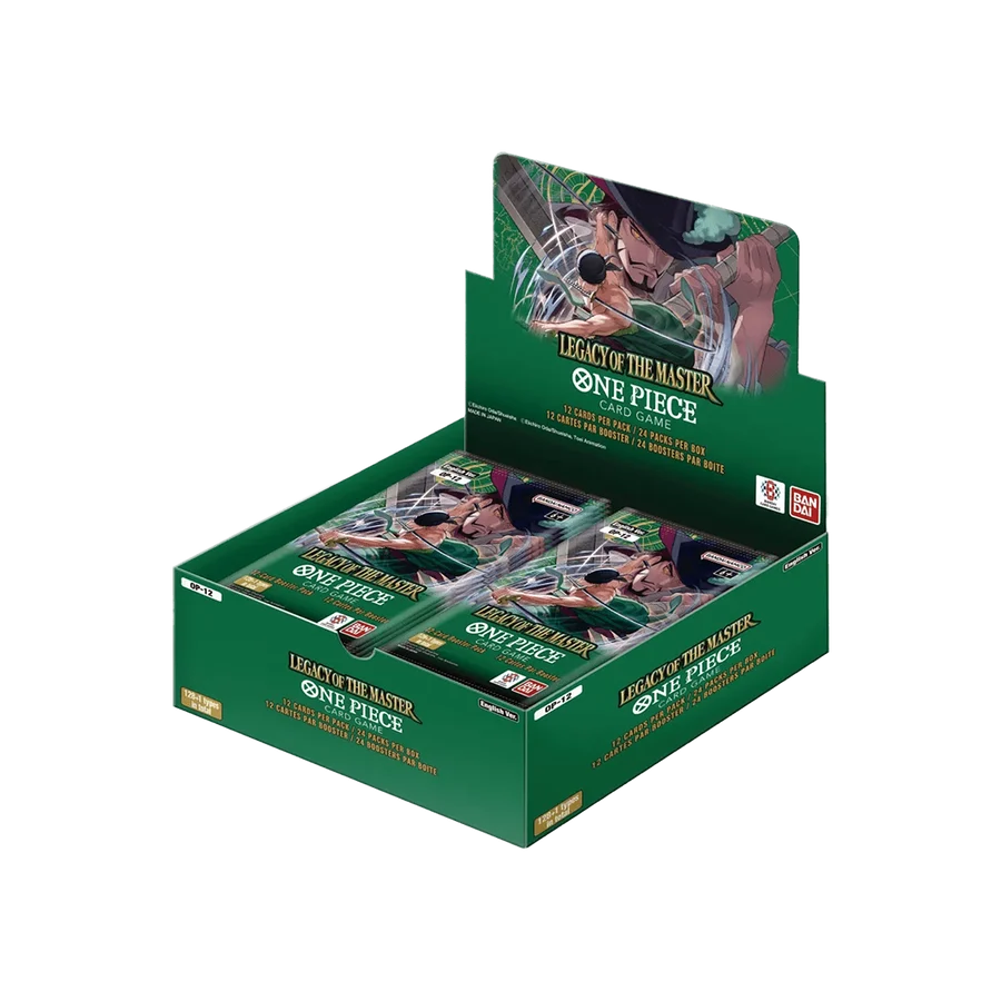 Bandai One Piece Legacy of the Master Booster Box mit Trading Card Game, zeigt die Verpackung und Booster-Box des Spiels.