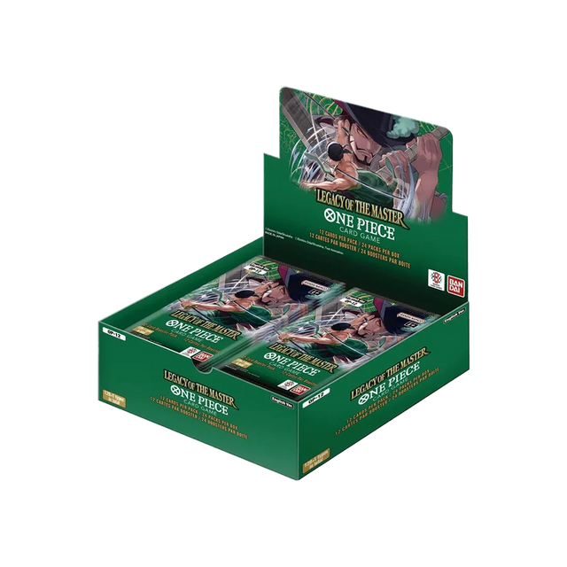 Bandai One Piece Legacy of the Master Booster Box mit Trading Card Game, zeigt die Verpackung und Booster-Box des Spiels.