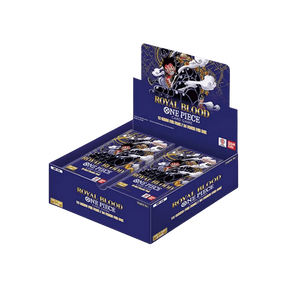 Bandai One Piece Royal Blood Booster Box mit Trading Card Spielkarten, abgebildet in der Verpackung.