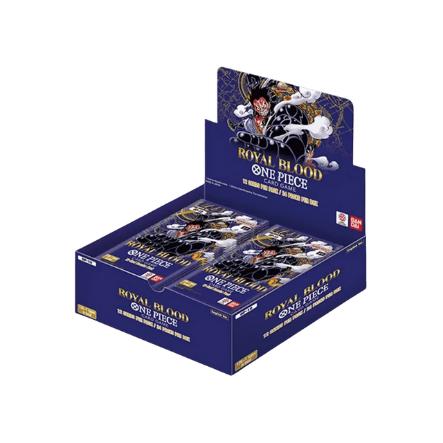 Bandai One Piece Royal Blood Booster Box mit Trading Card Spielkarten, abgebildet in der Verpackung.