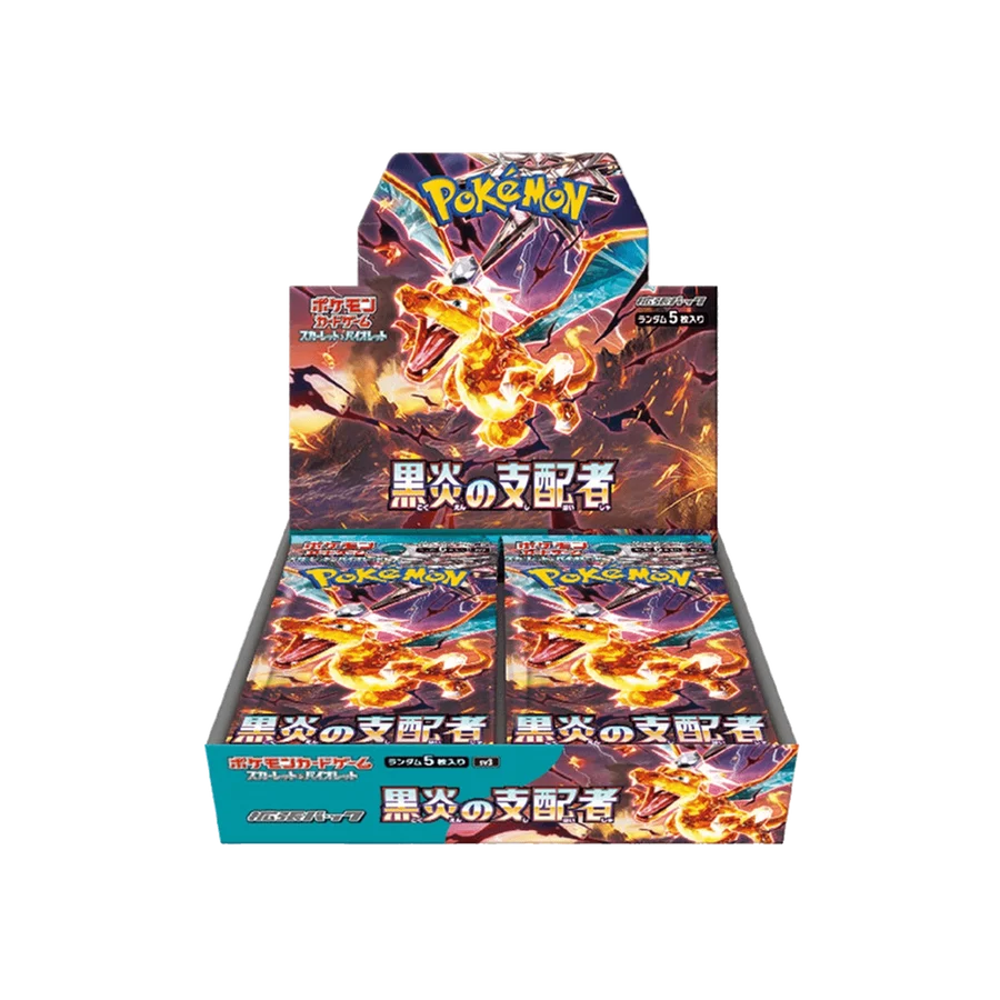 Pokémon TCG Ruler of the Black Flame Booster-Box mit Sammelkarten vom Pokémon Company, zeigt die Verpackung und Booster.