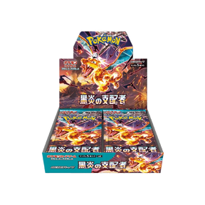 Pokémon TCG Ruler of the Black Flame Booster-Box mit Sammelkarten vom Pokémon Company, zeigt die Verpackung und Booster.