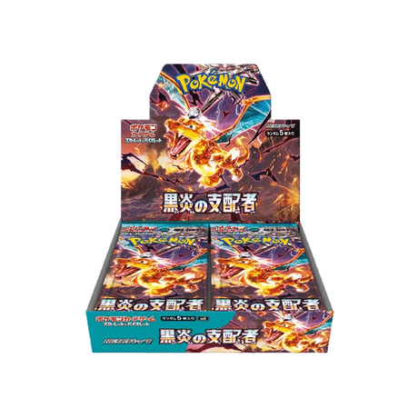 Pokémon TCG Ruler of the Black Flame Booster-Box mit Sammelkarten vom Pokémon Company, zeigt die Verpackung und Booster.