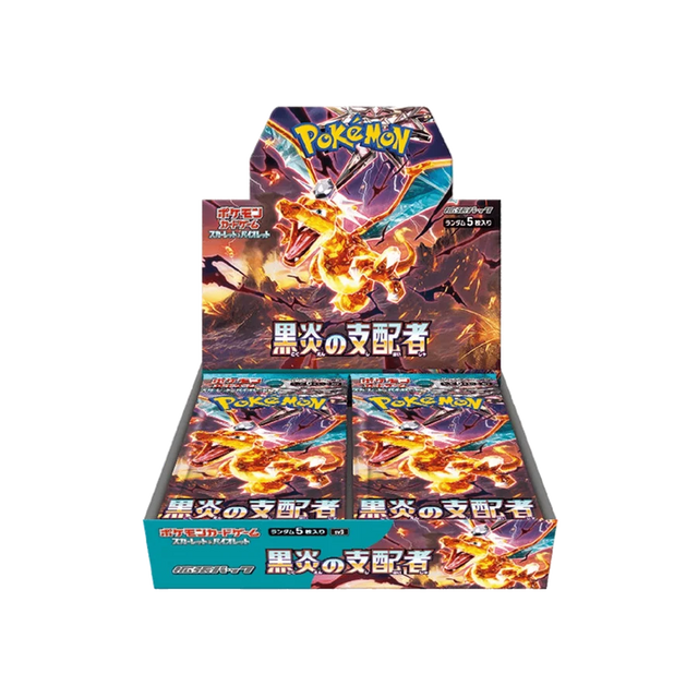 Pokémon TCG Ruler of the Black Flame Booster-Box mit Sammelkarten vom Pokémon Company, zeigt die Verpackung und Booster.