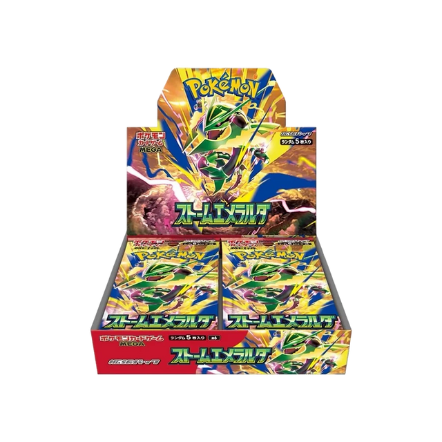Pokémon TCG Storm Emeralda Booster-Box von The Pokémon Company mit aufgestellten Sammelkarten in einer offenen Verpackung